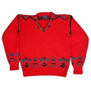 Vintage Polo Ralph Lauren Hand Knit Red Wool‎ V Neck Sweater Mens L